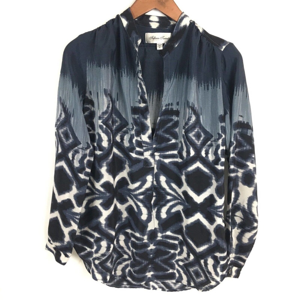 Fifteen Twenty Womens Top XS Black Gray Long Sleeve 100% Silk Blouse V Neck